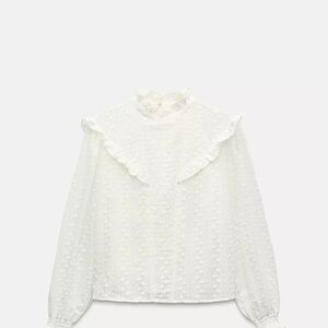 Zara White Textured Blouse with Ruffles